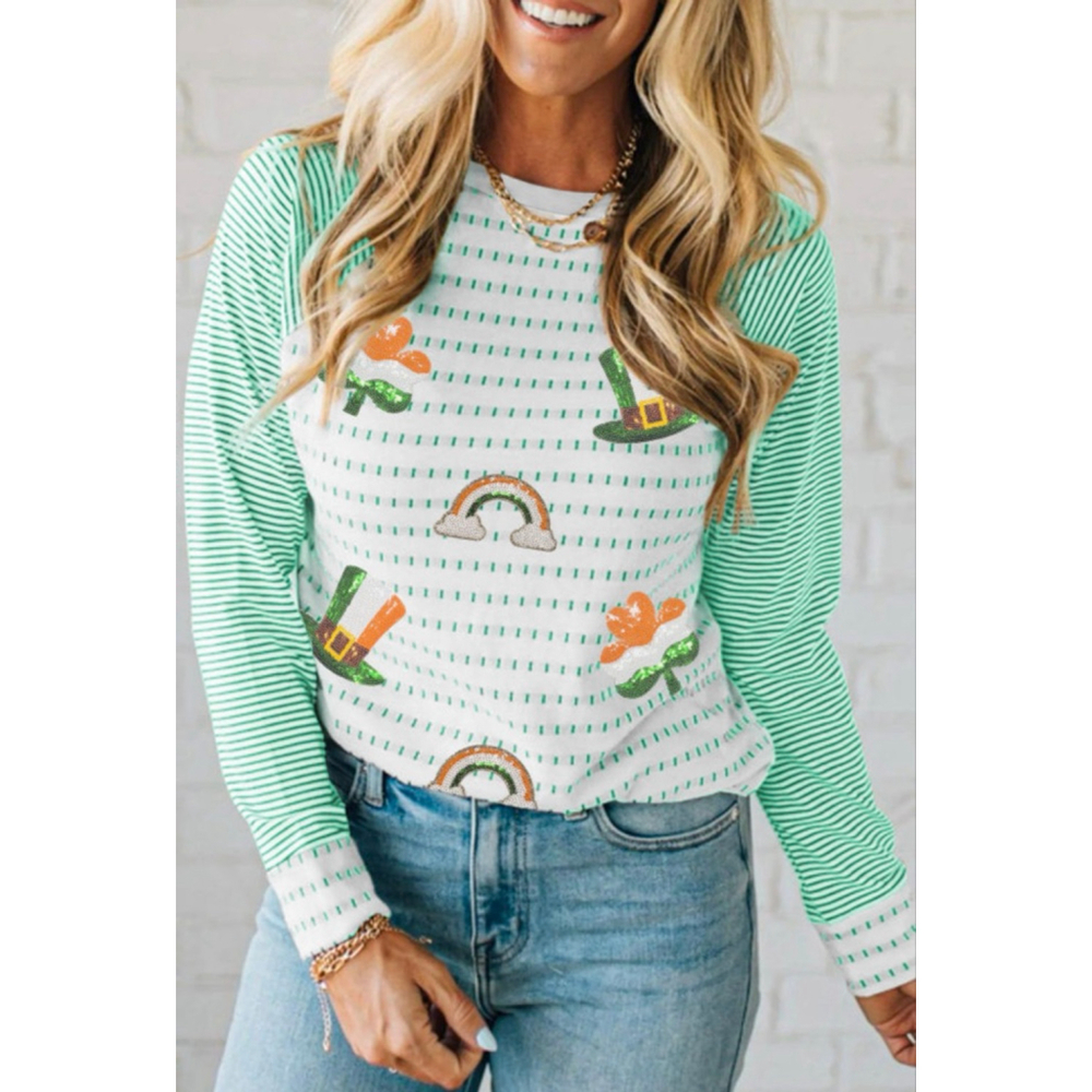 Lucky Charm Sequin Patch Green Stripe Raglan Top